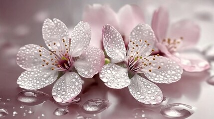 Aufkleber - Delicate Cherry Blossoms with Water Droplets