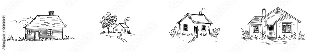 Green little house with garden trees at village. Hand drawn minimalist ...