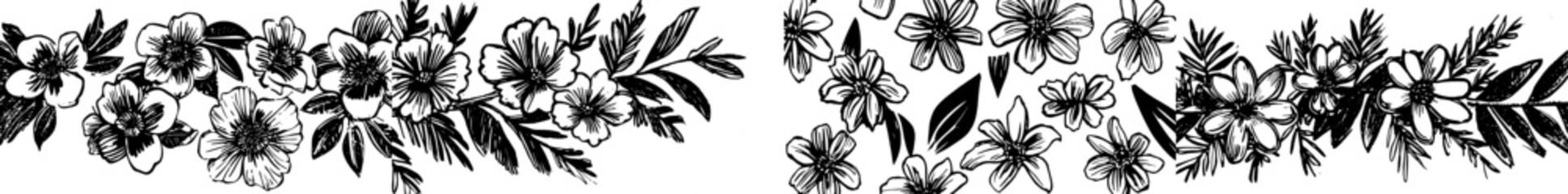 A branch of leaves and scribbled floral plants banner with a seamless pattern. A creative and minimalist abstract background. For wall decorations, postcards, posters, and brochures.