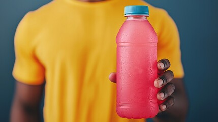 A person holds a vibrant pink drink in a clear bottle against a blue background, wearing a yellow shirt.