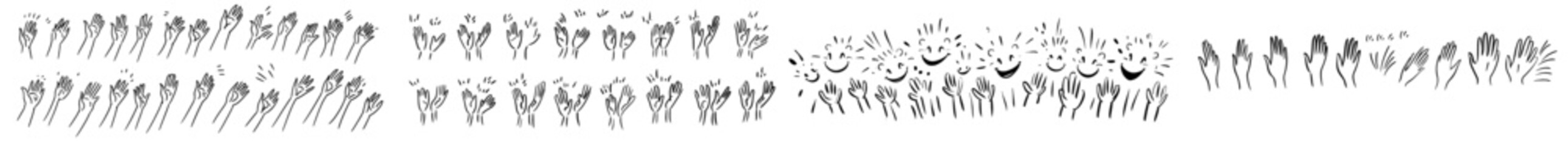 In this monochrome doodle, applause hands are silhouetted, with modern linear raised arm clapping, indicating applause and celebration.