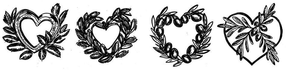 Wall Mural - A hand drawn ink illustration of an olive branch with a berry heart frame. Line art floral wreath.