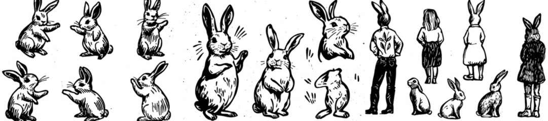 Wall Mural - Sketches of black and white rabbits from different angles.