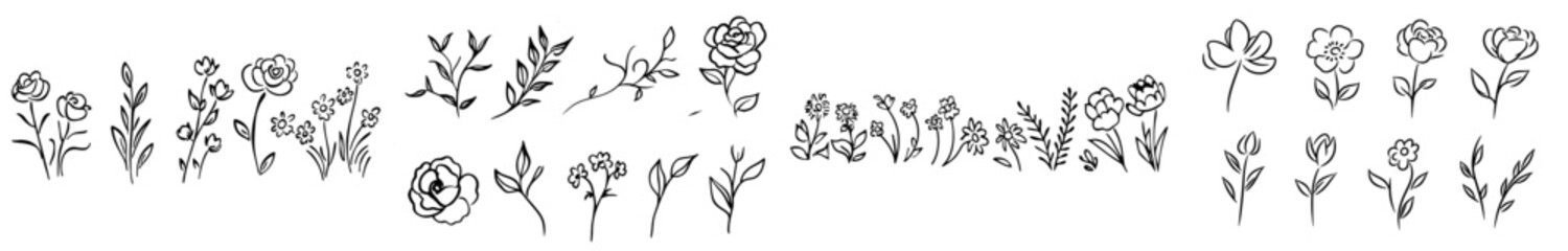 Wall Mural - The set contains hand drawn flowers, branches and leaves created in the line art style. The set is suitable for tattoos, wedding invitations, wallpaper, and save the dates.