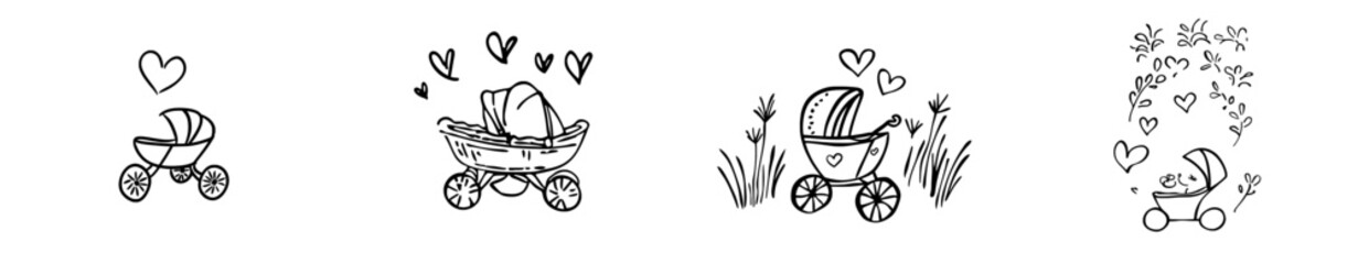 Wall Mural - Stroller drawing isolated sign. Sketch of a stroller on wheels. Monochrome black doodle. Baby carriage hand drawn doodle icon.