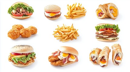 A vibrant display of various fast food items including burgers, fries, chicken, and wraps arranged neatly on a white background