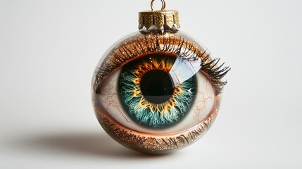 A glass Christmas ornament with a realistic blue eye painted on it.