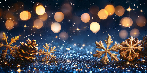 glittery christmas background with shimmering snowflakes and glowing bokeh lights
