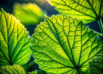 Sticker - Closeup Silhouette of Intricate Green Leaves with Natural Sunlight Highlighting Veins in a Lush and Vibrant Setting, Perfect for Nature and Botanical Photography Lovers