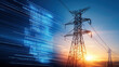 © Worakit - High voltage towers and power lines against sunset with digital data overlay, symbolizing energy and technology