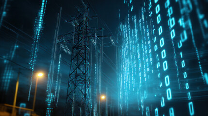 striking silhouette of electric substation at dusk, surrounded by digital binary code, creating futu