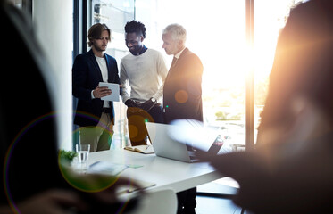 Poster - Presentation, meeting and group in boardroom, tablet and brainstorming for project, sales and lens flare. Discussion, talking and ideas for customer needs, people and app for analysis of competition