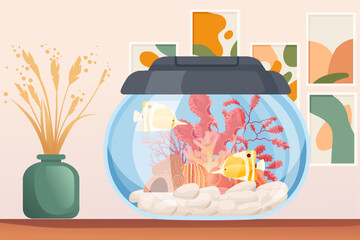 Wall Mural - fish bowl with decorative plants, rocks, and colorful fish, set against a backdrop of framed artwork
