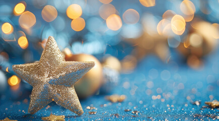 Aufkleber - Gold Christmas stars lay on blue background.