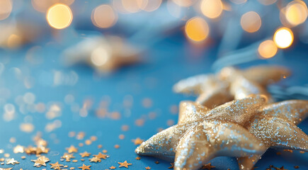 Aufkleber - Gold Christmas stars lay on blue background.