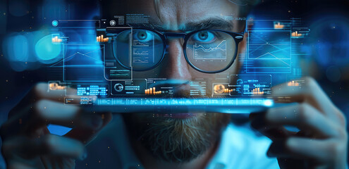 Fototapete - Close-up of a marketing professional analyzing competitor strategies using a digital device.