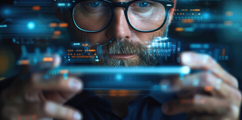 Fototapete - Close-up of a marketing professional analyzing competitor strategies using a digital device.