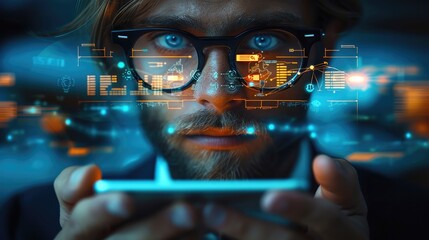 Fototapete - Close-up of a marketing professional analyzing competitor strategies using a digital device.