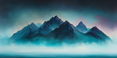 Poster - Misty Mountain Majesty: Enigmatic peaks shrouded in ethereal mist, a captivating digital painting evoking serenity and mystery.