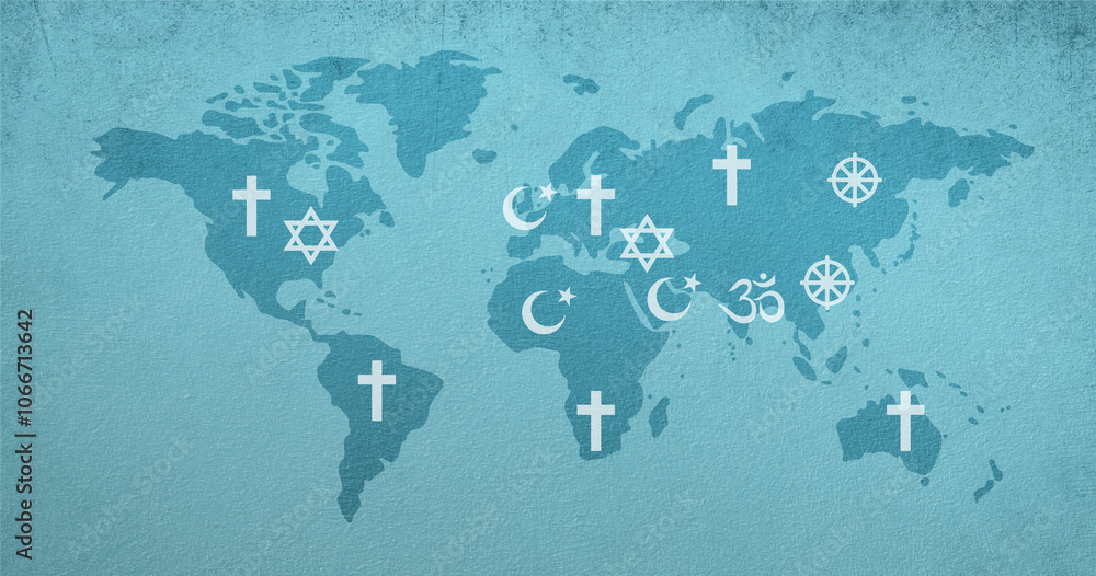 Ilustración de Stock World religion day, world map with symbols of ...