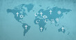 © Berit Kessler - World religion day, world map with symbols of different religious belief, Christianity, Islam, Hinduism, Buddhism, Judaism faith, worldwide celebration