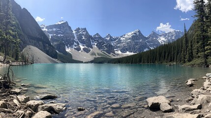 A panoramic view of a crystal-clear turquoise lake surrounded by snow-capped mountains.