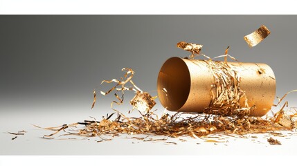 Poster - Dynamic golden shavings emerge from an upside-down cylinder creating a striking visual effect