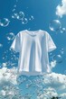 © Creative_Bringer - White tshirt floating, clear blue sky, soap bubbles, clean freshness, airy lightness
