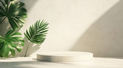 Wall Mural - the round podium rests softly in a sunlit area, surrounded by lush green leaves casting gentle shado