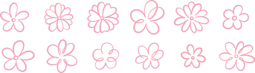 Cute pink flower line art shapes, ink doodle illustration set, flat clip art decorative spring collection, isolated