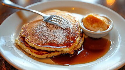 A stack of two golden brown pancakes with powdered sugar and a side of butter and syrup.