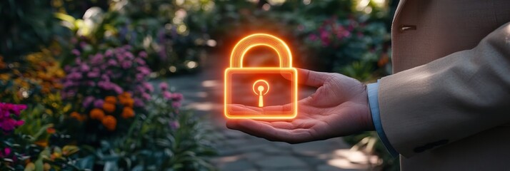 Businessman Holding Holographic Padlock Icon Cybersecurity and Data Protection Concept