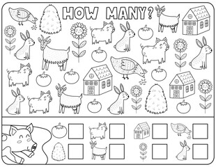 Wall Mural - How many activity page for kids with cute farm animals. Count the number of pig, goat, rabbit, hay and more. Puzzle game for school and preschool. Vector illustration