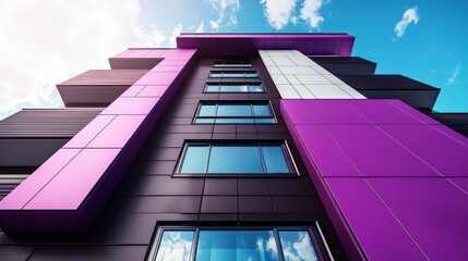 Wall Mural - Modern building with purple and brown tones, minimal blue sky background.