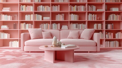 Wall Mural - Stylish home interior with a blush pink sofa and modern decor on a rose carpet.