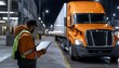 © Jiraphat - A truck driver in a reflective vest inspects logistics paperwork at night next to a bright orange semi-truck in a loading area.