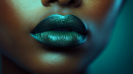 Intense close-up of matte emerald green lips, showcasing velvety texture and bold, unique color, lit with soft, ambient light to capture detail and dimension, high-definition beauty imagery.