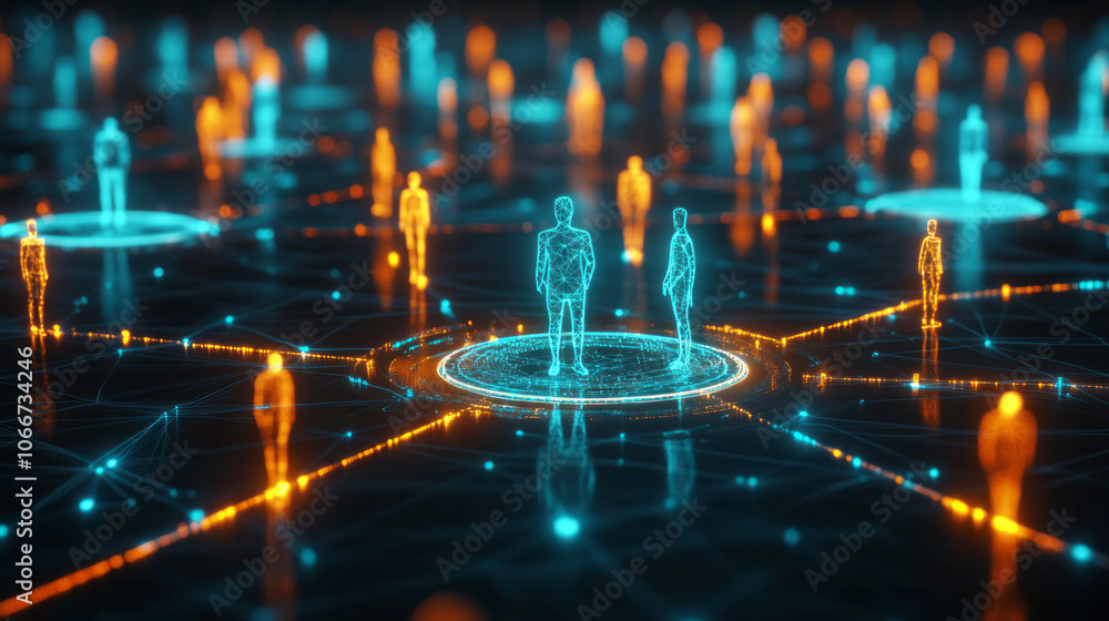 Digital Network with Holographic Human Figures Connected by Data Nodes ...