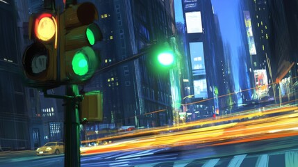 Poster - Urban Night Scene with Traffic Lights in Motion