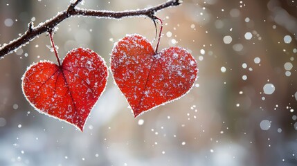 Wall Mural - a pair of red heart shaped leaves hanging on a branch in winter