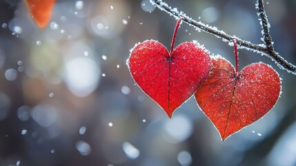 Wall Mural - a pair of red heart shaped leaves hanging on a branch in winter