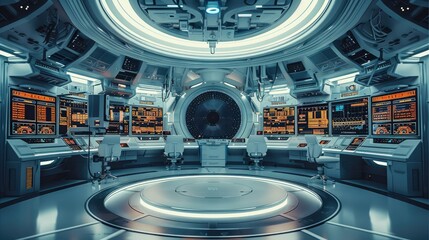 Poster - A futuristic spaceship control room with live threat detection, encryption, and compliance check systems working together to protect an organization data.