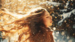 © vita - Dreamy young woman in a winter forest, falling snowflakes on a sunny day. Romantic girl with hair fluttering in the wind. Femininity, youth, beauty.