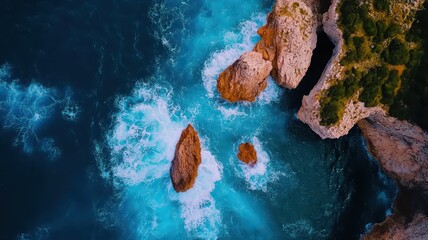 Wall Mural - Stunning rocky coastline with waves crashing, showcasing the raw beauty of nature's power and serenity.