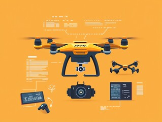 Drone design and development, tech team coding, flat design illustration