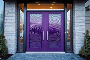 Wall Mural - Contemporary home design featuring elegant purple doors with ripple glass.