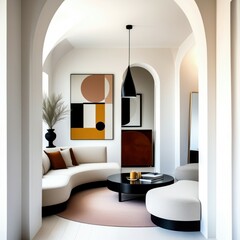 modern interior design, arched doorway, white curved sofa, round black coffee table, abstract geometric artwork, pendant light, minimalist decor, earth tones, circular rug, potted plant, architectural