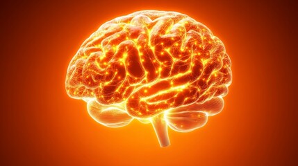 Poster - Glowing Brain Illustration on Orange Background