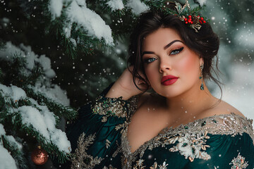 beautiful plus size woman in festive dress over snowy christmas tree background