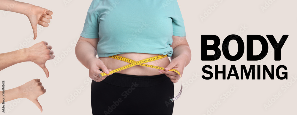 Overweight woman measuring her waist with tape and people showing ...